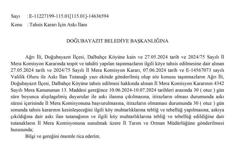 Tahsis Kararı İçin Askı İlanı